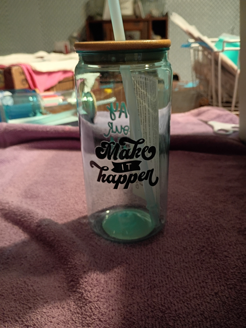 Glass Tumbler with Straw - Teal "Make It Happen"